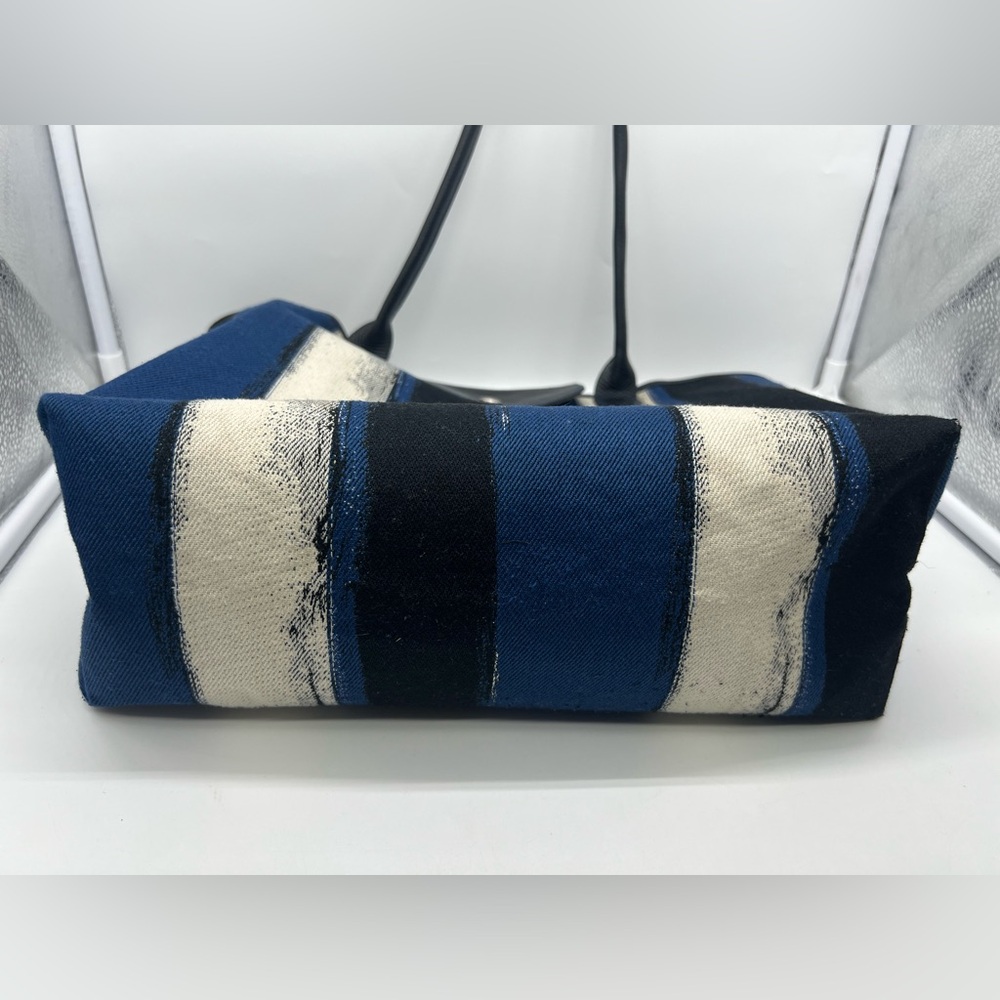 LONGCHAMP Coup De Pinceau EW Tote Blue Striped Canvas Leather Trim Shoulder Bag - Picture 14 of 17